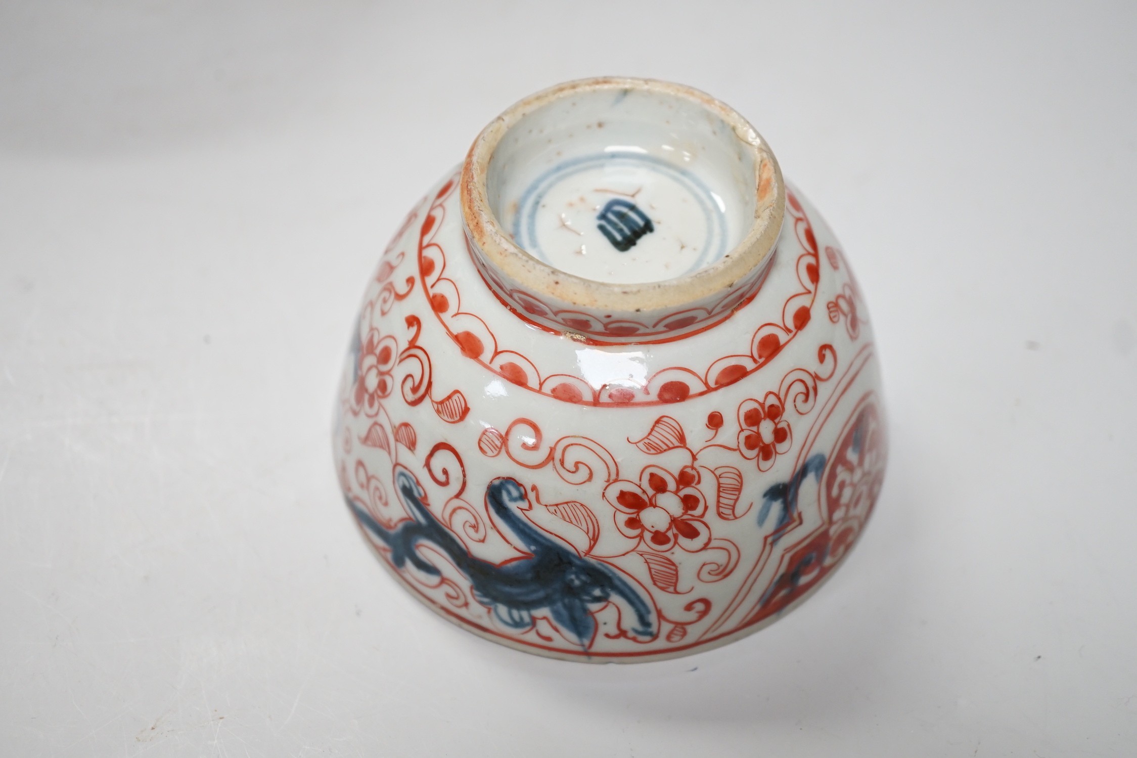 Six 18th century Chinese porcelain bowls (a.f.) and a Chinese imari plate, largest bowl 20cm diameter